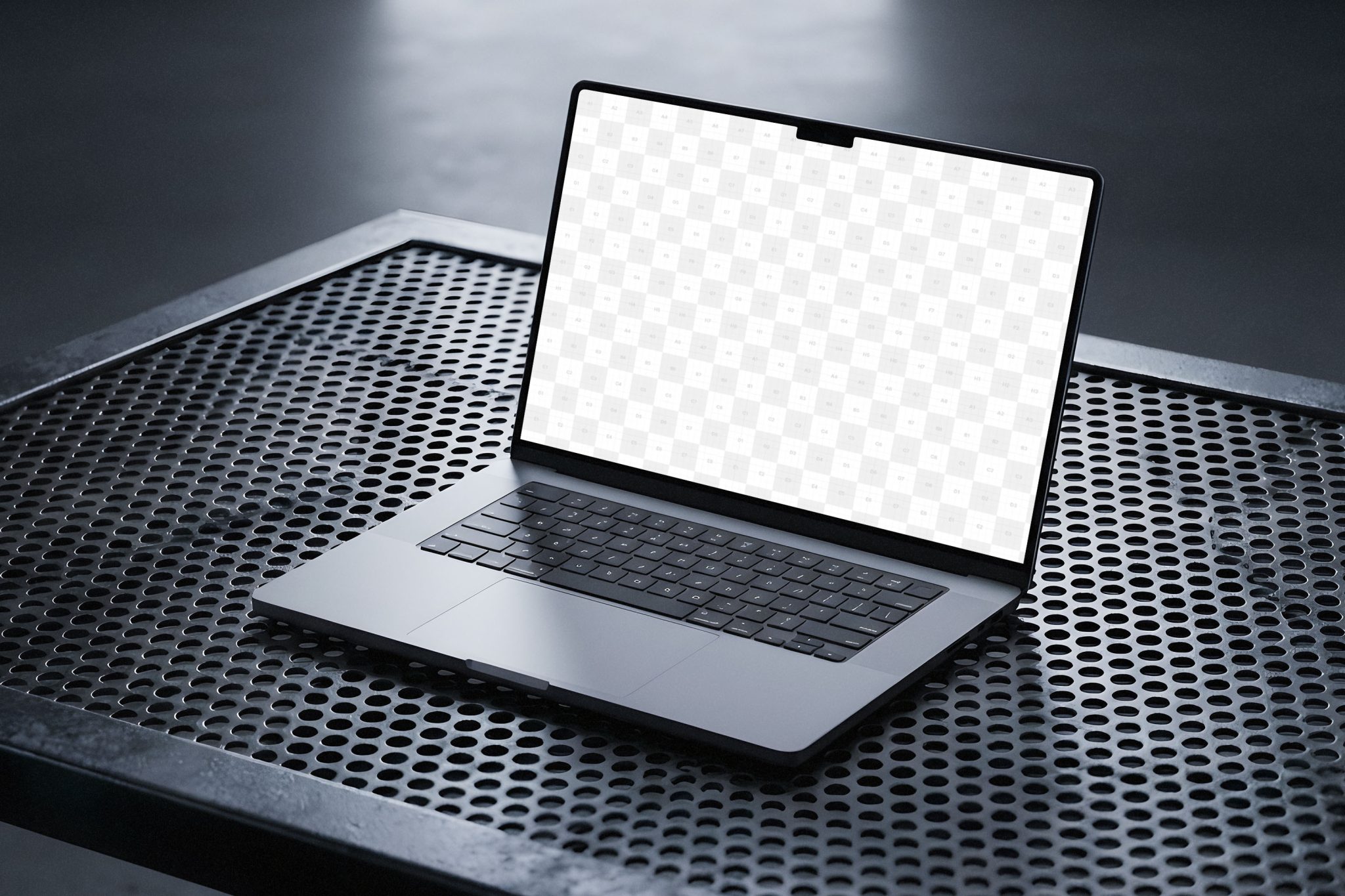 Free MacBook Pro on Metal Mesh Surface Mockup | Mockup Space