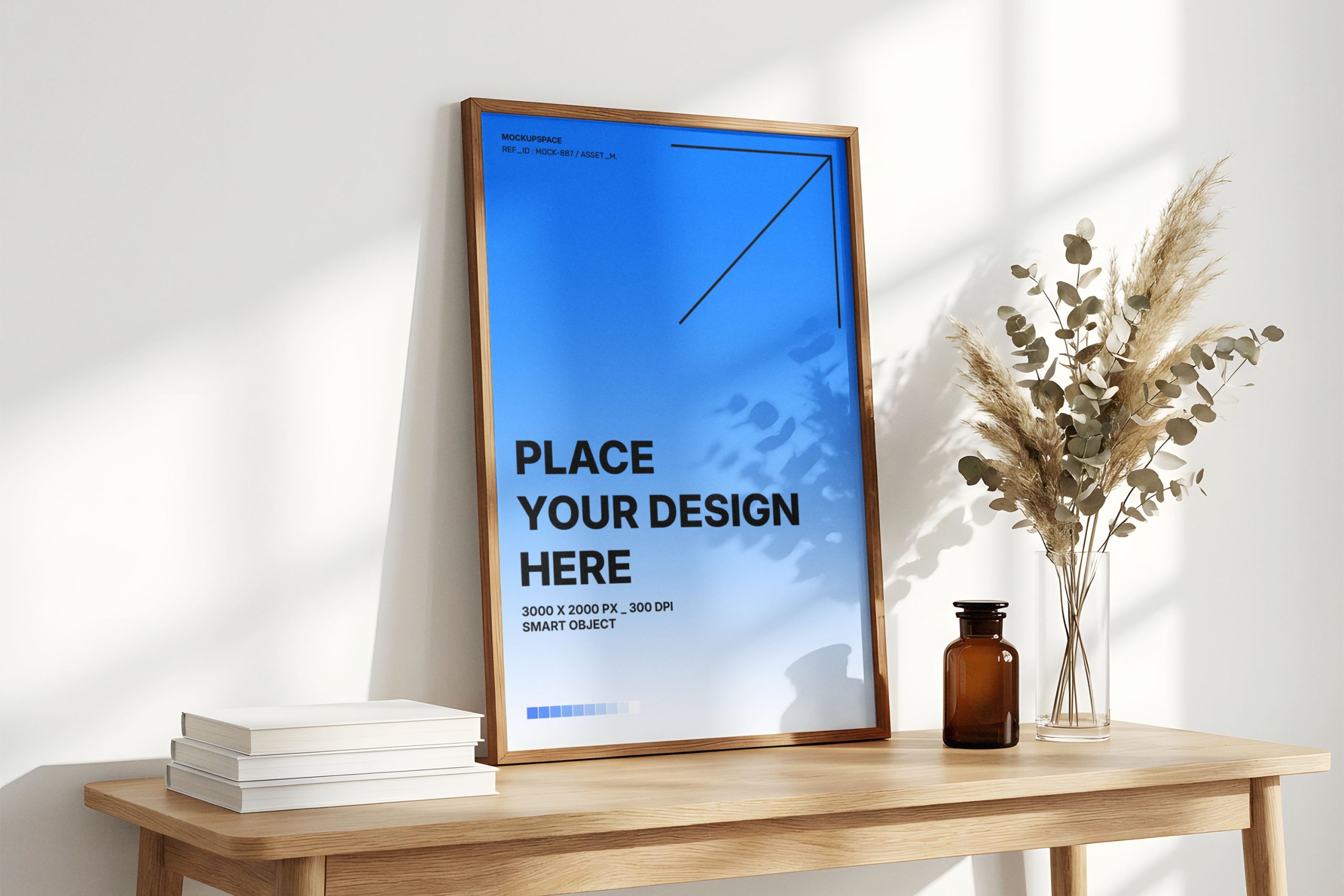Vertical Wooden Poster Frame Mockup on Wooden Table